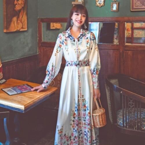 Autumn and winter new style noble womens dress was thin retro palace style printing long dress single-breasted shirt dress