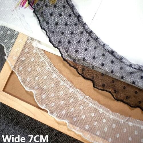 7CM Wide White Black Tulle Mesh Embroidery Dots Fringe Ribbon Lace Fabric Collar Elastic Ruffle Trim Wedding Dress Sewing Decor