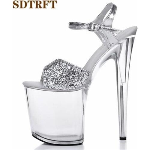 SDTRFT Stiletto Ladies transparent Sandals Platform wedding shoes woman 20cm Thin heels zapatos mujer Sequins Crossdresser Pumps
