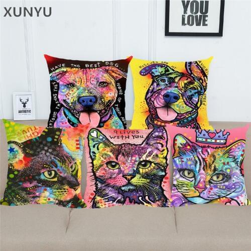 XUNYU Colorful Dog and Cat Linen Pillowcase Home Sofa Square Pillow Cover Animal Pattern Decorative Cushion Cover 45X45cm AC001