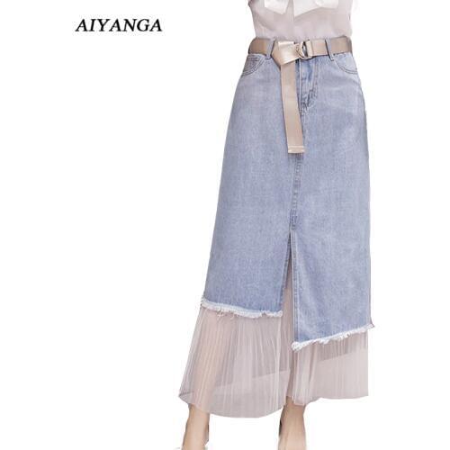 Denim Patchwork Mesh Skirts Women 2018 Summer High Waist Skirts Medium Long Skirts Jeans Casual Sweet Ladies Slim A-Line Skirts