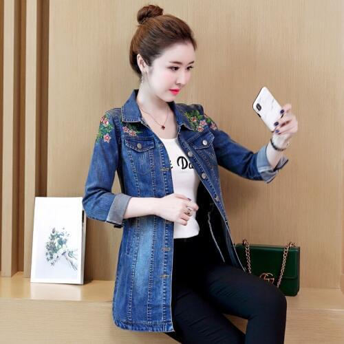 Jean jacket 2018 women boho hippie chic embroidered denim female blue bomber jacket with embroidery coat FF1389 L
