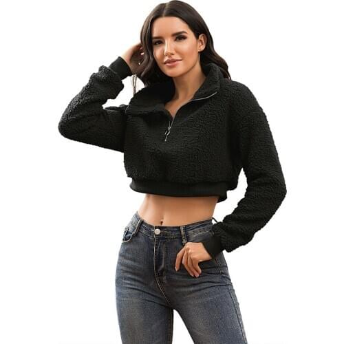 Womens short tops warm autumn clothes velvet sweatshirts zipper turn down collar long sleeved winter outer clothes for ladies