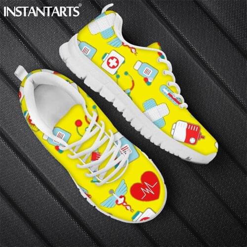 INSTANTARTS Yellow Medical Nurse Shoes Mesh Flats Sneakers Premium Sketch Physio Heartbeat Print Female Footwear Zapatos Mujer