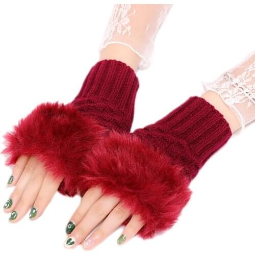 Women Winter Fluffy Plush Patchwork Half Finger Gloves Crochet Knitted Solid Color Short Fingerless Mittens Outdoor Windproof Wr