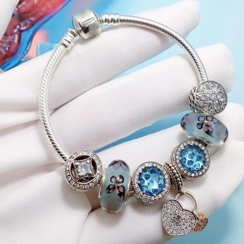 925 Sterling Silver Butterfly Glass Beads And Heart-shaped Shiny Pendant Pan Bracelet For Women Wedding Party Fashion Jewelry
