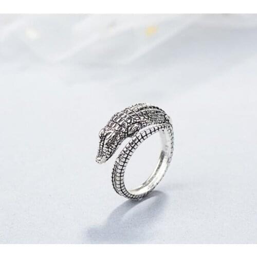 Season Gate 925 Sterling Silver Personality Retro Crocodile Animal Adjustable Size Open Ring for Women Girls SR055