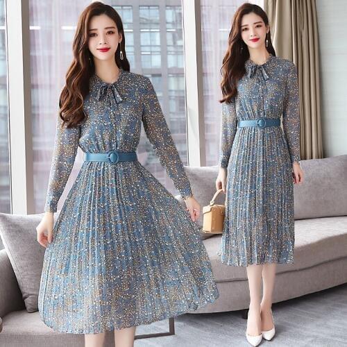 Autumn Winter New Vintage Floral Chiffon Midi Dress Plus Size Boho Dresses 2021 Elegant Women Party Long Sleeve Dress Vestidos