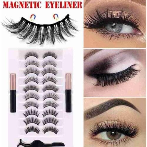 10 Pairs/Set Magnetic Eyelashes False Lashes Repeated Use Eyelashes Waterproof Liquid Eyeliner With Tweezer Makeup Set