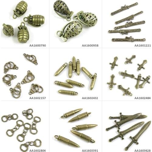 Antique Bronze Tone Jewelry Charms Sword Bullet Handcuffs Hand Cuffs Grenade Bracelet Pendant Necklace Crafting Craft Making