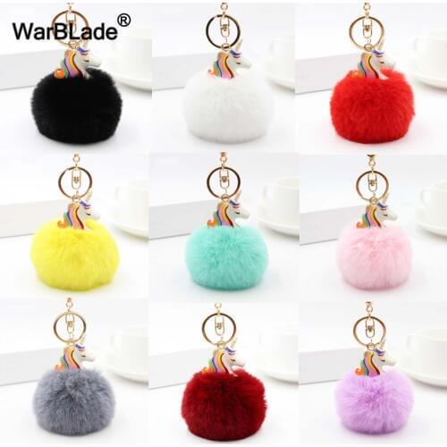 WarBLade Lovely Pompom Unicorn Keychain Women Car Bag Key Ring Artificial Fluffy Rabbit Fur Ball Key Chain Porte Clef chaveiro