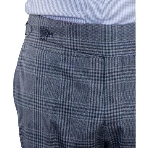 Italian Naples Style Tailor Made Trousers Large Extended Tab Fastening Belt Thick Waistband Side Adjuster Blue Grey Plaid Tailor