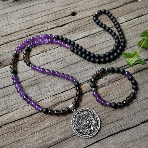 8mm Natural Stone Beads,Smokey Quartz,Amethyst,Lotus,JapaMala Sets,Spiritual Jewelry,Meditation,Inspirational,108 Mala Beads