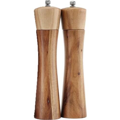 Wooden Salt and Pepper Grinder, Adjustable Manual Salt Grinder, Acacia Wood, 8 inch, Pepper Mill with Ceramic Core (2 PCS)
