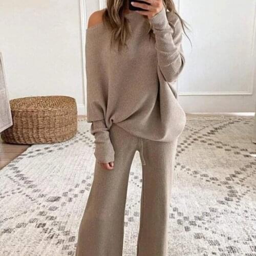 Homewear Womens Pajamas Autumn Solid Color Loose Pullover Tops With Wide Leg Pants Sleepwear Suit Lady Casual Soft Nightwear