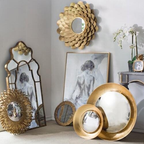 European Wrought Iron Golden Flower Mirror Wall Hanging Living Room Porch Ornament Pendant Decorative Mirror