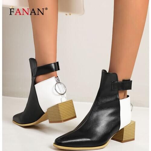 FANAN Autumn Western Cowboy Boots Women Snake Print Pointed Toe High Heels Back Zip Square Wooden Heel Boots 2020 Female Shoes