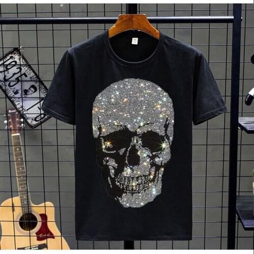 Hot-Selling Mens T-Shirts In Summer Tees Shiny Rhinestone Skull Style Loose Short Sleeve Trend Oversized O-Neck Tops 5XL Size