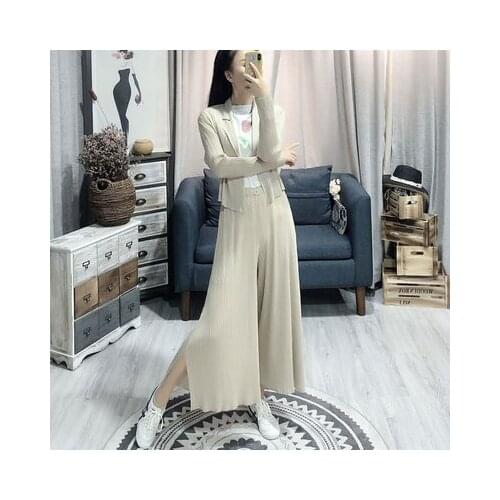 HOT SELLING Fashion fold the clothes suit long sleeve A buckle coat + wide-legged pants suit IN STOCK
