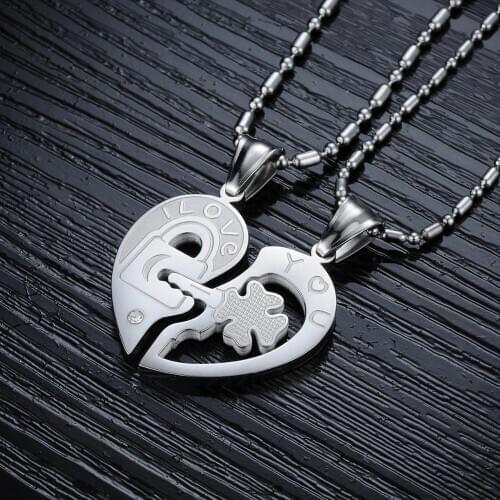 Fashion Couple Necklaces Stainless Steel Puzzle Lock & Key Heart Shape Pendant "I Love You" Lovers Jewelry