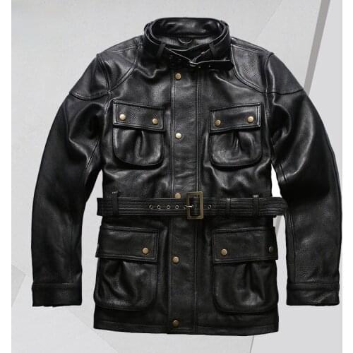 Motorcycle Mid-length Jacket Leather Jacket Mens Stand-up Collar Multi-pocket Casual First Layer Cowhide Leather Coat
