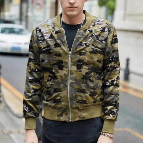Streetwear Sequin Decoration Bomber Mens Casual Hip Hop Baseball Collar Fashion Camouflage Jacket