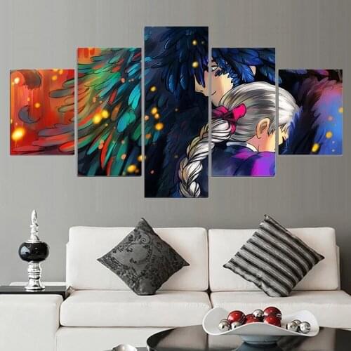 Wall Art Canvas Painting 5 Panel Howls Moving Castle Modular Pictures Canvas Painting Movie Poster And Prints Home Decoration