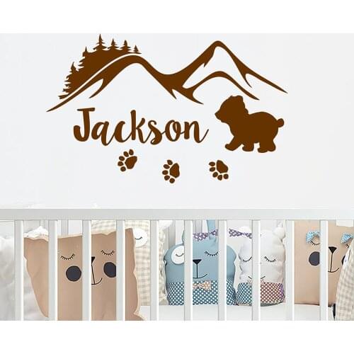 Boy Name Wall Decals Nursery Woodland Wall Sticker Bear Baby Boy Kids Decor Mountains Custom Name Children Vinyl Decal G568