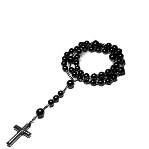 Natural Black Onyx Beads Catholic Christ Rosary Necklaces Hematite Cross Pendant Men Necklace Meditation Mala Jewelry