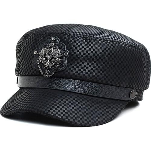 Novelty Male Real Leather Flat-Top Punk Rivet Thin Suede Hats Men Cowboy Baseball Caps Women British Navy Students Casquette
