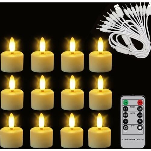 New 12 Rechargeable Tea Light With Remote Timer 3D Flameless Flicker Halloween LED Candles Decoration For Christmas And Wedding