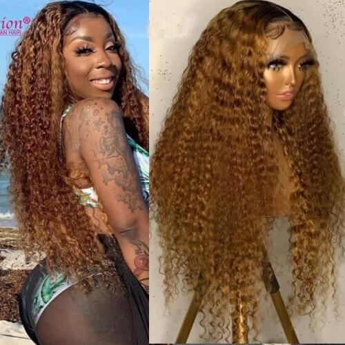 Curly Lace Front Wig Pre plucked Brazilian Human Hair Lace Front Wig Ombre Curly Bleached Knot Real 13x4 Lace Wig with baby hair