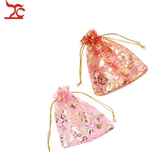 Fashion Pink Red Organza Jewelry Wedding Gift Pouch 10Pcs/Lot Rose Draw String Candy Birthday Party New Year Holiday Gift Bag