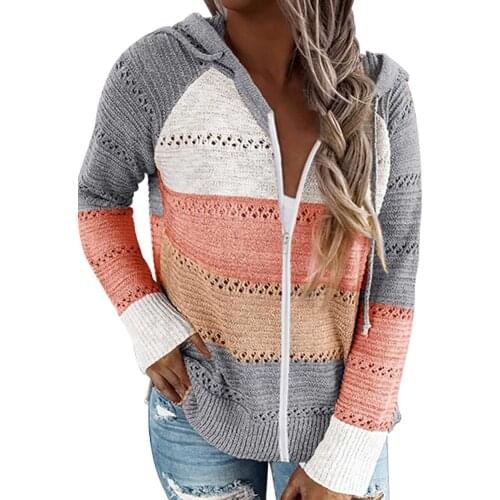 Plus Size Women Knit Sweater Fashion Casual Coat Jacket Autumn Long Sleeve Color Block Hollow Out Knitted Hooded Sweater Coat