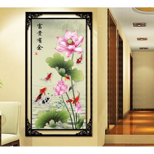 Needlework,DIY DMC Cross stitch,Sets For Embroidery kit, Water Fish Lotus Flower Pattern Counted Cross-Stitching,Wall Home Decro