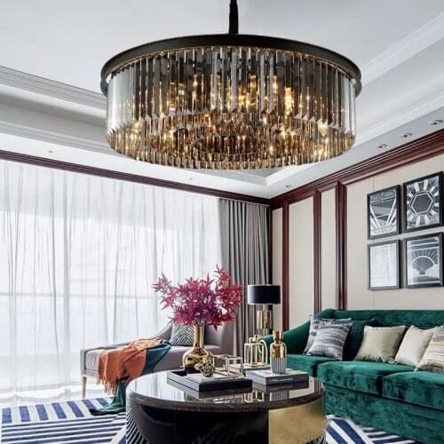 Black Light Modern Chandelier Living Room Decor Round Dining Room Smoke Gray Crystal Hanging Lamp Rectangle Kitchen Island Light