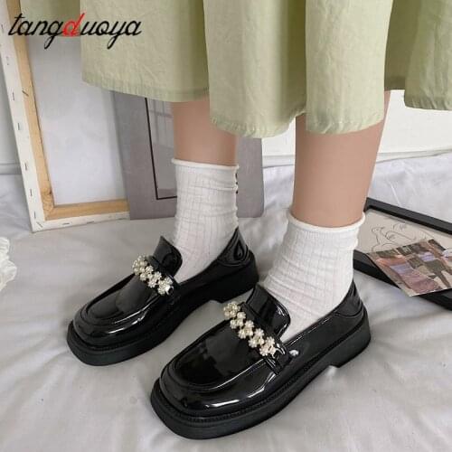 Rhinestone Kawaii Leather Shoes Women Round Toe Pu Shallow British Style Retro Slip-on Leisure Loafers Lolita JK Uniform Shoes
