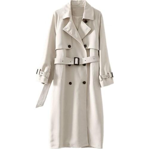 2021 Spring Autumn Jacket New Womens Double Breasted Long Sleeve Windbreaker Casual Pocket Long Top Female Costume Outwear