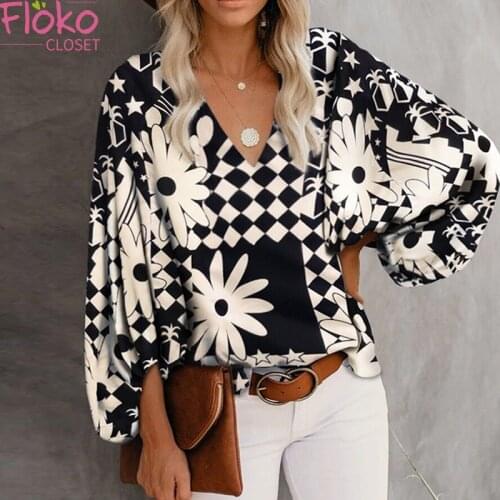 Flokocloset Autumn V-Neck Print Lantern Sleeve T Shirt Causal Long Sleeve Y2k Women Tops Tees