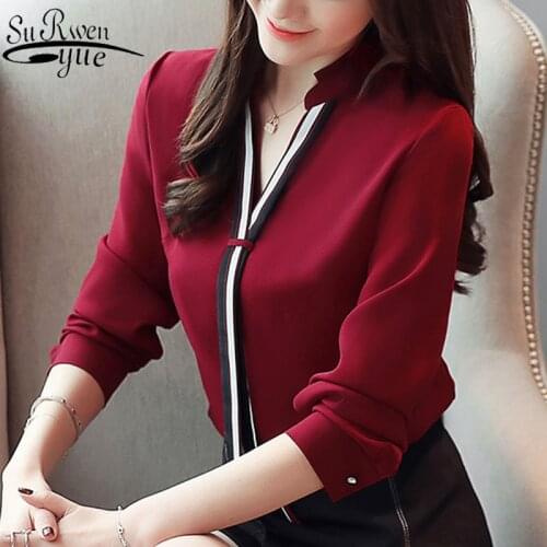 2021 Spring Red White Long Sleeve Shirts for Women Tops Fashion Korean Clothing Spliced Solid V-Neck Tie OL Blusas Mujer 6469 50