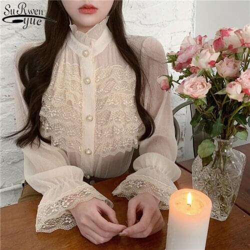 Korean Layered Lace Ruffled Patchwork Blouse Women Spring Sweet Stand Collar Lace Chiffon Shirt Flared Sleeve Buttons Top 13298