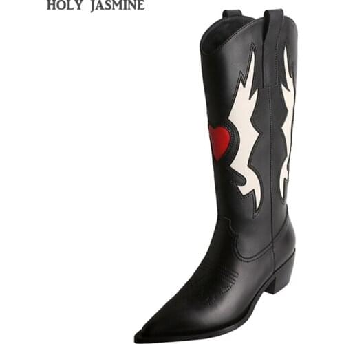 2021 Brand Designer Fashion Women Western Cowboy Soft Retro Leather Boots Heart-Shaped Knee-High Boots Pointed Toe Boots Black
