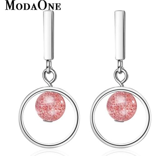 ModaOne Pink Strawberry Crystal Round Tassel Sterling Silver Earring For Women Fashion Silver Jewerly Aretes De Mujer
