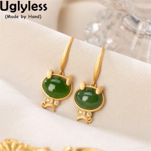 Uglyless Creative Animals Earrings for Women Natural Green Jade Jasper Dogs Earrings Real 925 Silver Brincos Gold Lovely Gifts