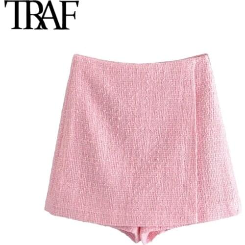 TRAF Women Chic Fashion Check Tweed Shorts Skirts Vintage High Waist Side Zipper Female Skorts Mujer