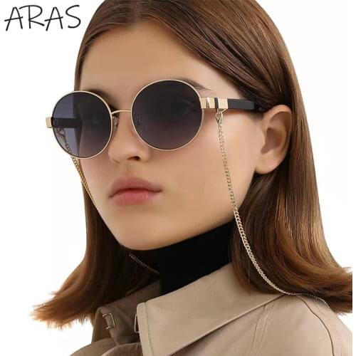 Luxury Woman Sunglasses Chain Trendy Retro Sunglasses Ladies Brand Glasses 2021 Classic Chain Vintage Round Frame Eyewear UV400