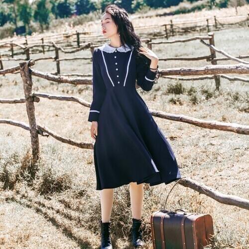 2018 new fashion womens dresses retro lace literary sen color contrast peter pan collar long sleeve dress