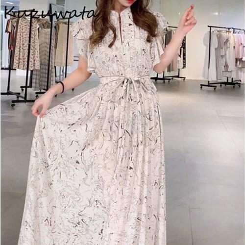 Kuzuwata O Neck Flying Short Sleeve Temperament Dress Women High Waist Hip A Line Long Slim Vestidos Summer 2021 New Robe Print