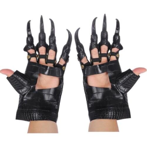 1Pair Punk Leather Long Fingernails Dragon Claws Gloves Black Hand Paw Performance Cuff Gloves Halloween Costume Cosplay Props