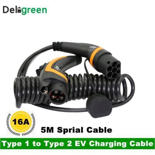 16A J1772 Type 1 to Type 2 EV Charging Plug With 5 Meter sping cable TUV/UL single phase EVSE Charging cable